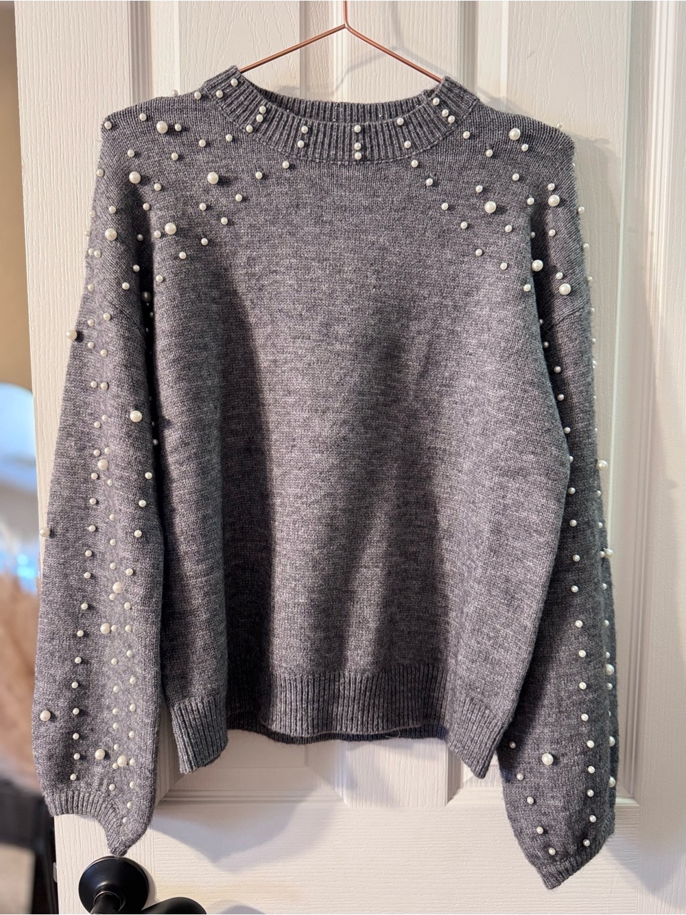 Vici Grey Pearl-Embellished Crewneck Sweater